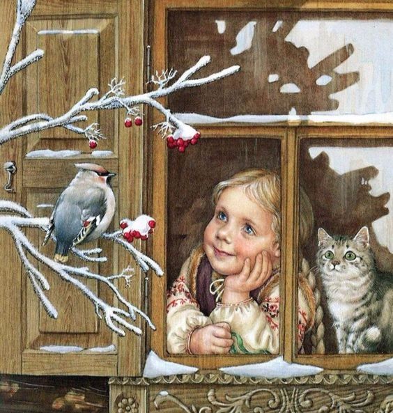 Девочка смотрит из окна зимой