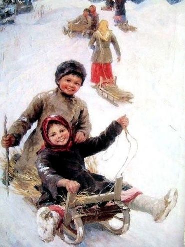 Дети катаются на санках с горки