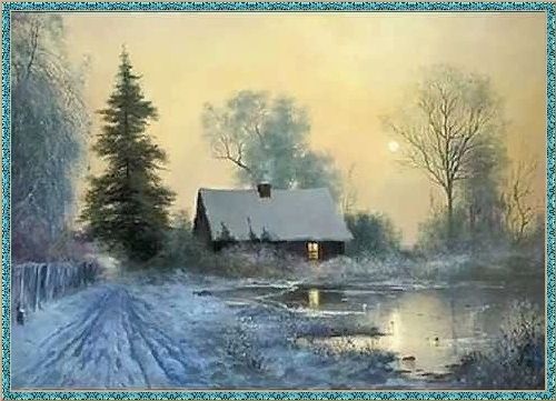 зимний вечер, снег, домик, картина