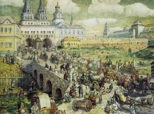 Уличное движение на Воскресенском мосту в XVIII веке. А.М. Васнецов, 1926