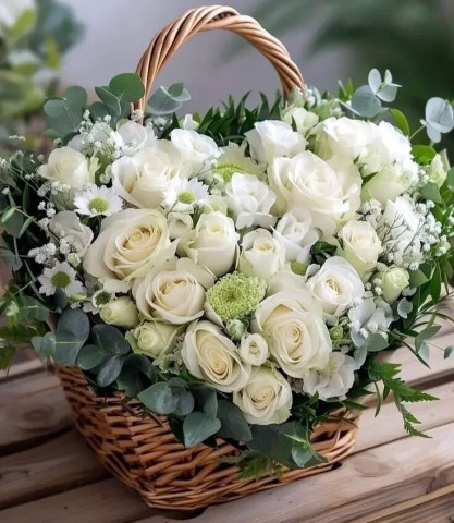 белые розы, корзинка цветов