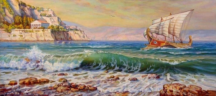 рисунок, море, Греция, морской пейзаж
