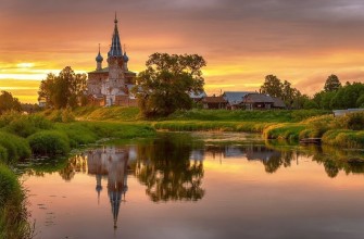 Россия Русь природа лето церковь река деревня