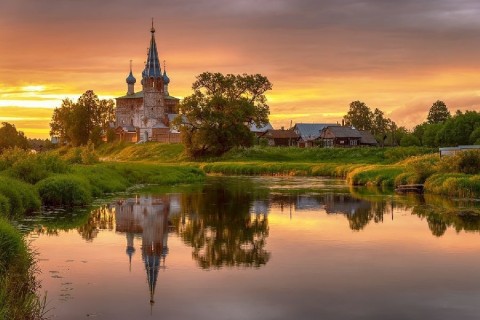 Россия Русь природа лето церковь река деревня