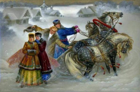 Тройка лошадей, зима, снег, картина
