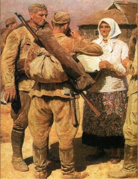 Картина о Войне, война, солдаты пьют молоко у старушке