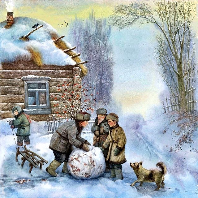 Зима, избушка, дети играют, Виталий Дударенко художник