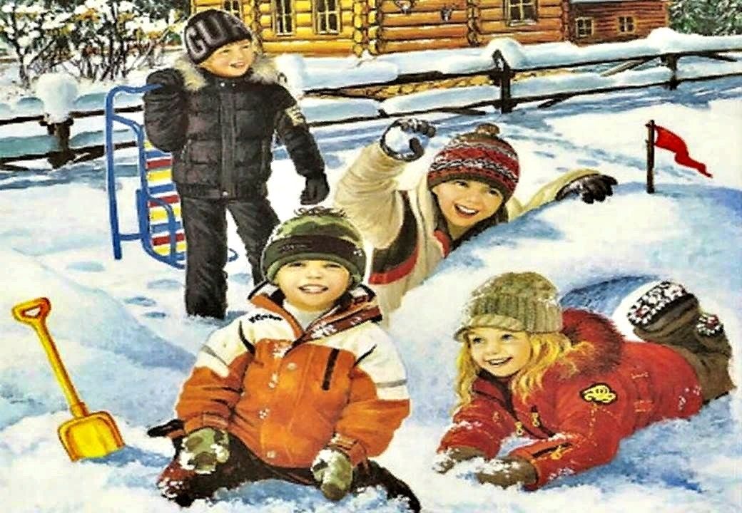 Дети весело играют зимой, детские забавы зимой