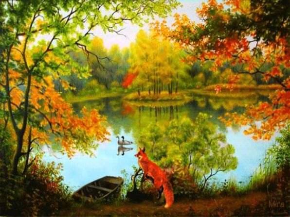  для детей про осень, осенний лес, лисичка на реке