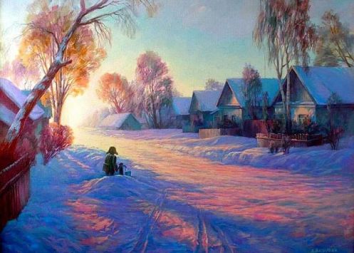 рассвет зима деревня снег