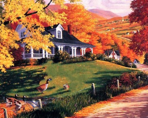 Осень, листья разноцветные, пейзаж дачи или деревни