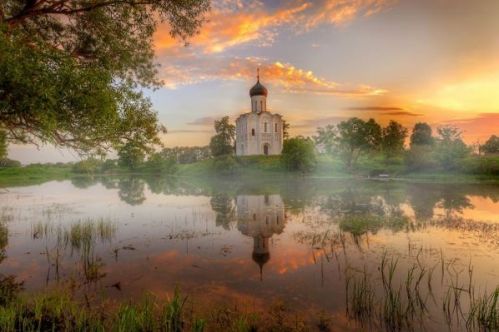 русская природа, церковь, река
