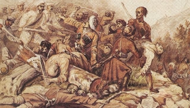 Эпизод сражения при Валерике 11 июля 1840 г. Акварель М.Ю. Лермонтова и Г.Г. Гагарина