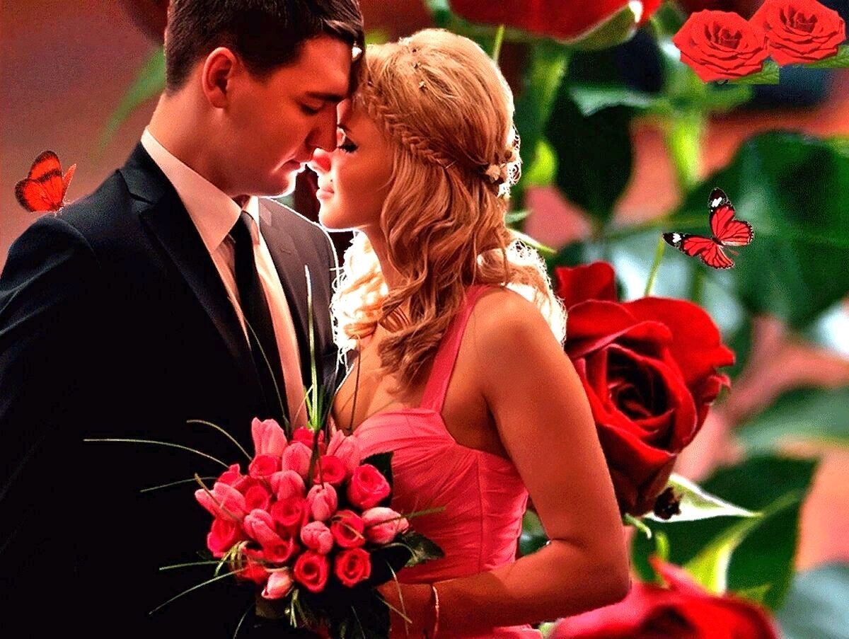 Красивая пара влюбленные с цветами тюльпаны