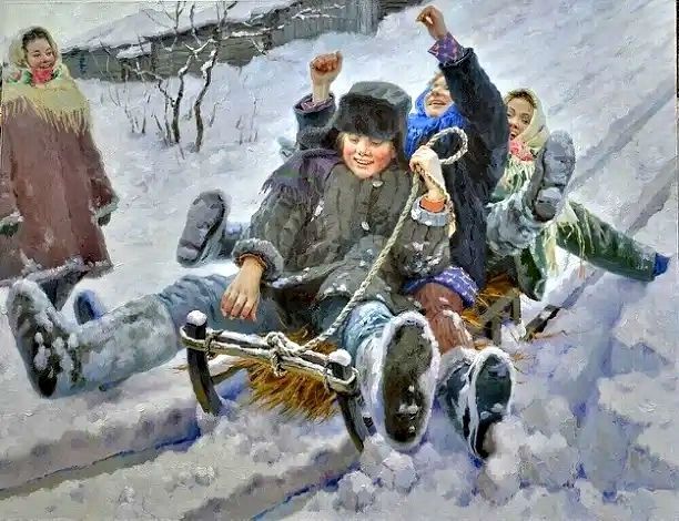 зима, дети катаются на санках, деревня
