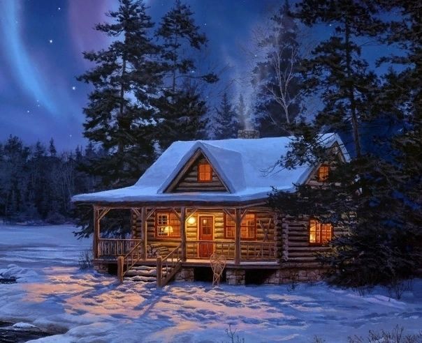 зима в лесу, домик, снег
