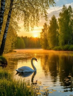 лебедь, закат восход, природа