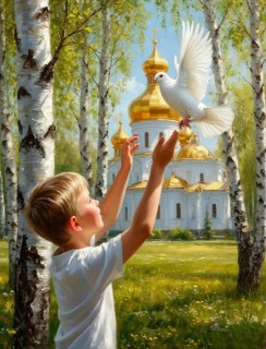 птичка, весна, мальчик, церковь, храм