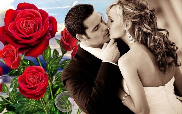 Красивая пара, влюбленные мужчина и женщина, красные розы, свадьба, жених и невеста