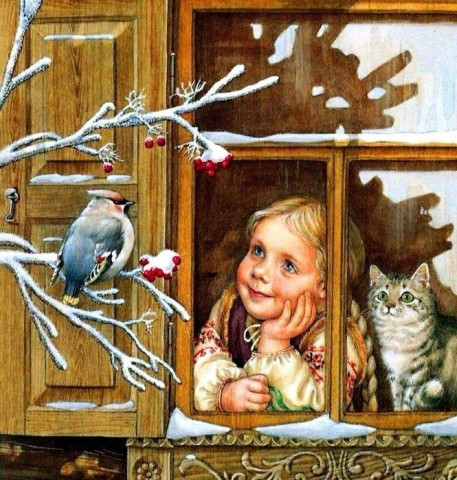 Девочка смотрит из окна зимой, снегирь