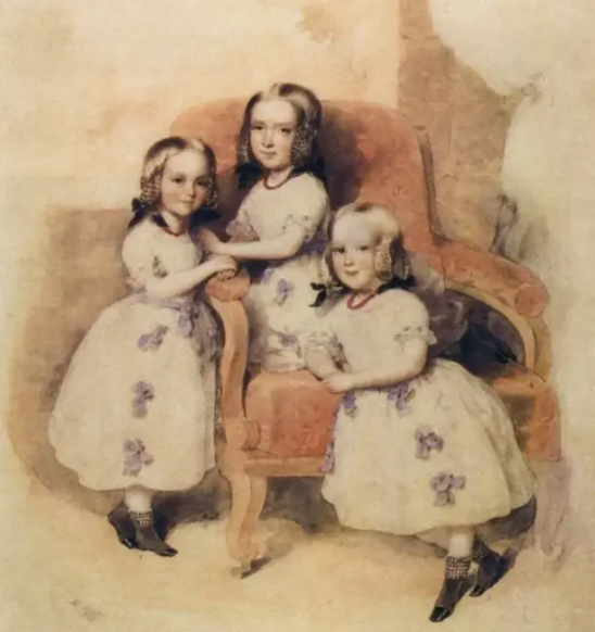 Дочери Дантеса - слева направо Леони, Матильда, Берта. Акварель Леопольда Фишера. 1843