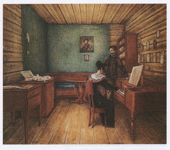 Н. Бестужев. «Волконский С. Г. с женой в камере в Петровской тюрьме». 1830