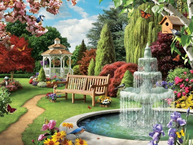 парк, сад, цветы, фонтан, птички, райские