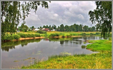 Родина, деревня, речка, березка, церковь