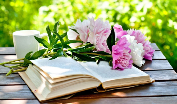 цветы, книга, чай, лето
