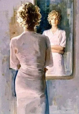 девушка, зеркало, рисунок