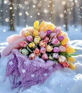 зима, снег, цветы