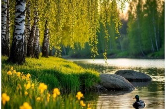 березы, лето, весна, пруд, уточка, природа