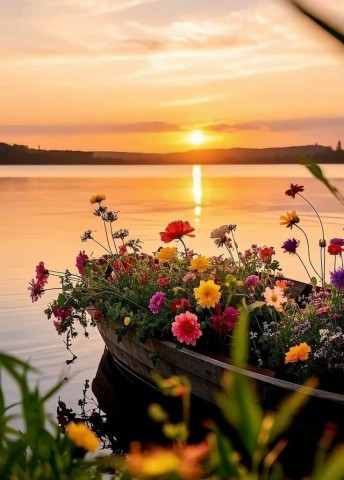 природа лето закат цветы река